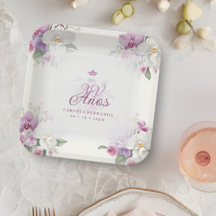 Assiettes En Carton Exquise Mis XV Años Espagnol Floral Orchid Positio