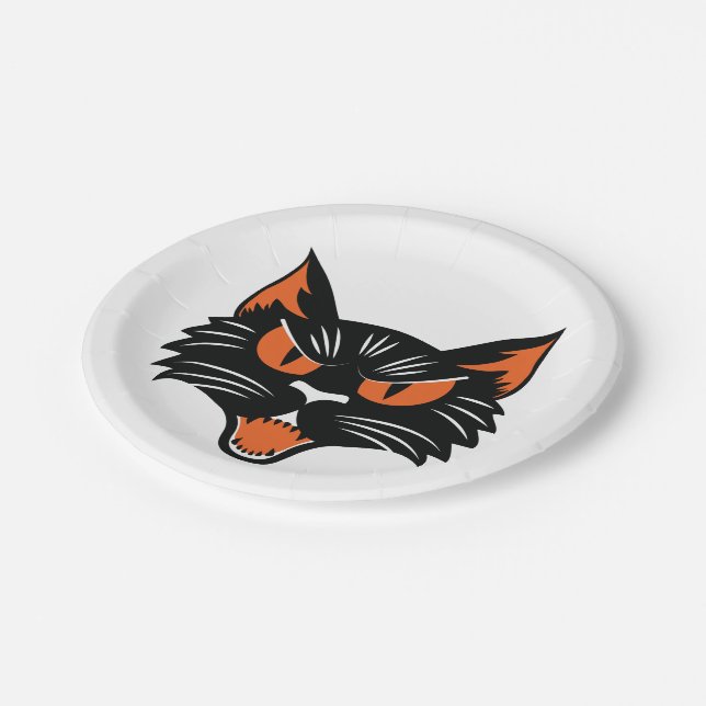 Assiettes En Carton Face de chat noir Halloween (Angle)