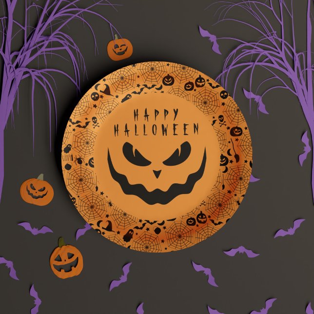 Assiettes En Carton Face Déplaisante du Citrouille Halloween Jack-o'-l (Happy Halloween Black and Orange Jack o Lantern Paper Plates)