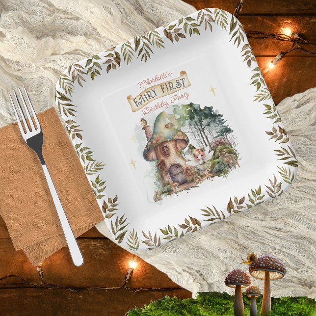 Assiettes En Carton Fairy First Woodland Animaux Champignons 1er anniv (Fairy First Woodland Animals Mushrooms Girl's 1st Birthday Party Square Paper Plates)