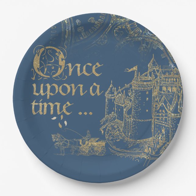 Assiettes En Carton Fairy Tale Theme Castle Carriage Gold sur Navy Blu (Devant)