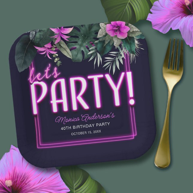 Assiettes En Carton Faisons la fête Tropical Pink Neon Anniversaire (Let's Party Tropical Pink Neon Birthday Paper Plates)