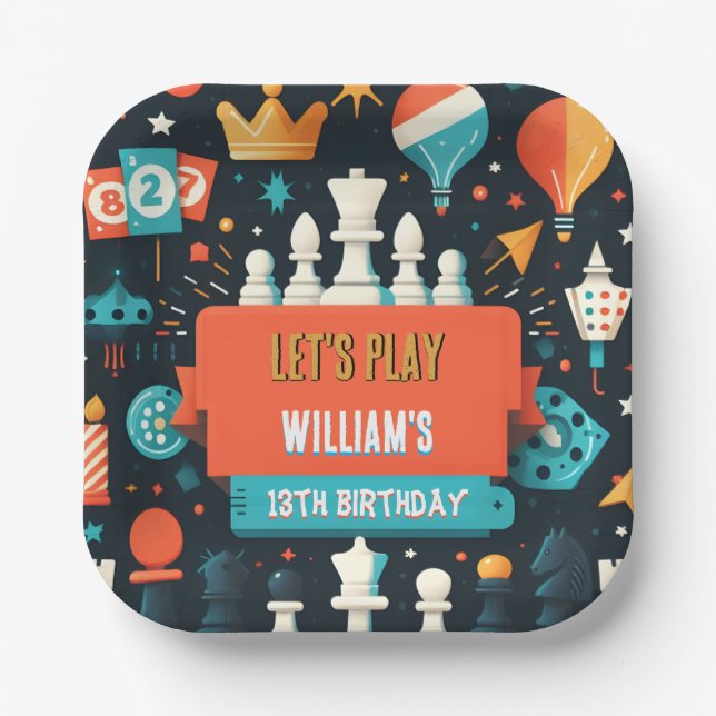 Assiettes En Carton Faites des échecs King et Queen Game Night 13e ann (Recto)