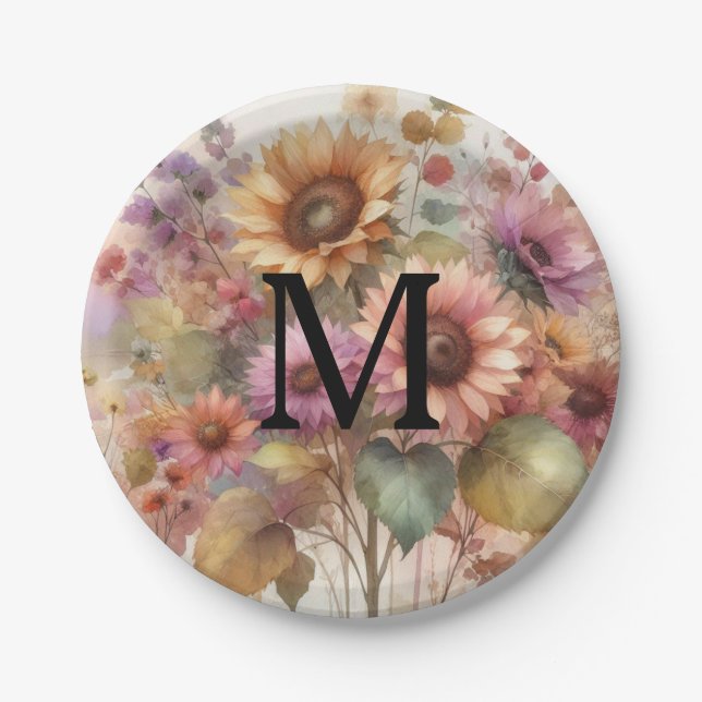 Assiettes En Carton Fall flowers and sunflowers watercolor pastels (Devant)