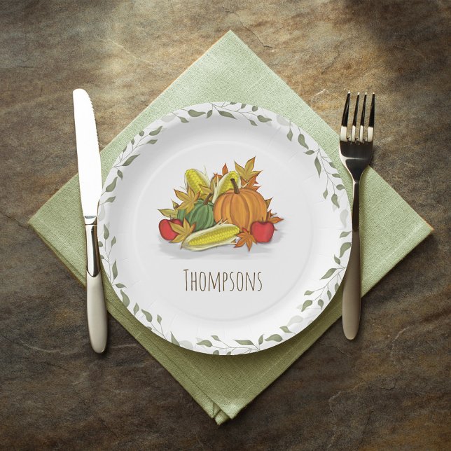 Assiettes En Carton Fall Harvest Watercolor Elegant Personalized  (Fall Harvest Personalized Paper Plate.)