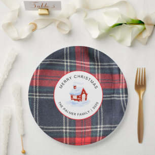 Assiettes En Carton Famille de Noël élégante moderne à carreaux tartan
