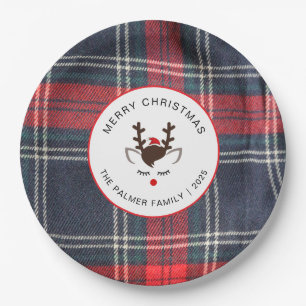 Assiettes En Carton Famille de Noël élégante Tartan Plaid & Renne