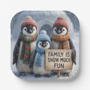 Assiettes En Carton Famille de pingouins de Noël avec signe amusant