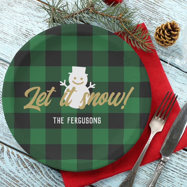 Assiettes En Carton Famille Laisser neiger Noël Vert Buffle Plaid (Créateur téléchargé)