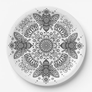 Assiettes En Carton Fancy Black Bee Mandala