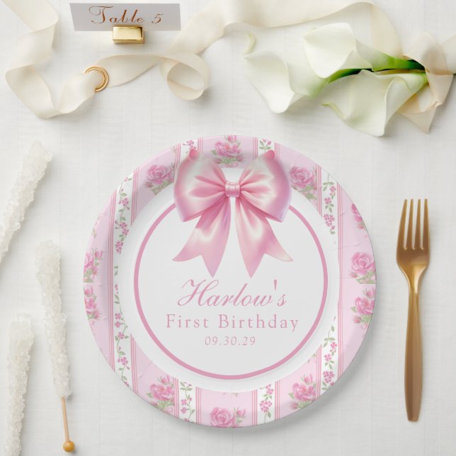 Assiettes En Carton Fancy One Rose Coquette Bow Premier anniversaire (Mariage)