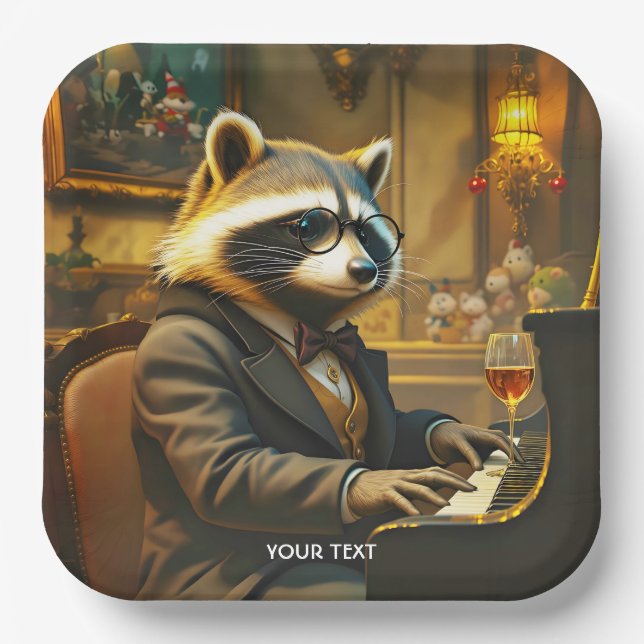 Assiettes En Carton Fantasy Cute Piano Racoon Playing (Recto)