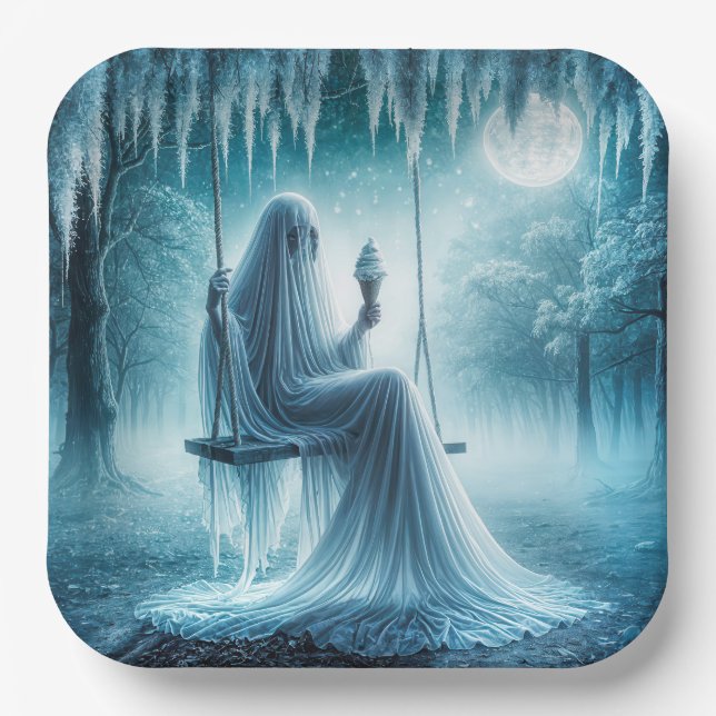 Assiettes En Carton Fantôme d'Halloween mangeant un cornet de glace (Recto)