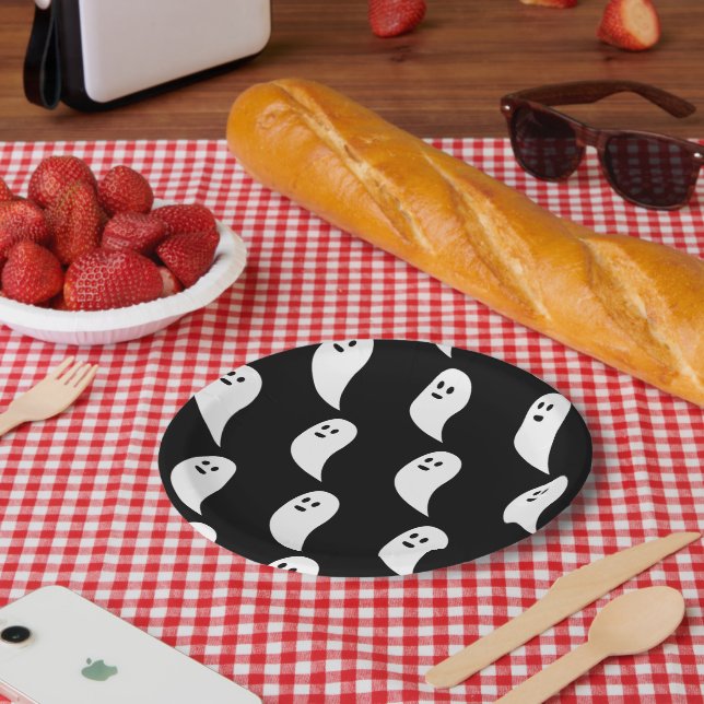 Assiettes En Carton Fantôme Halloween noir blanc mignon motif (Pique-nique)