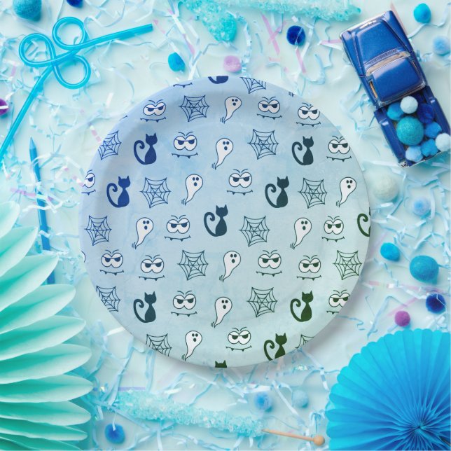 Assiettes En Carton Fantôme, toiles d'araignées et chats noirs bleu (Fête)