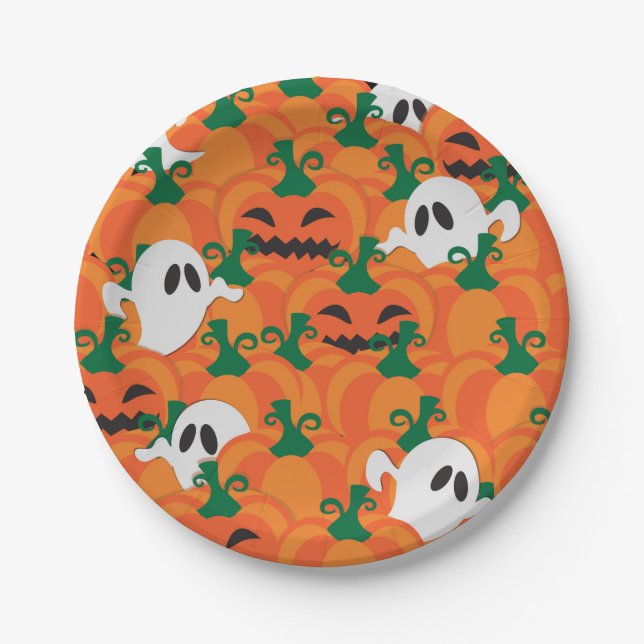 Assiettes En Carton Fantômes d'Halloween Patch de citrouille hantée (Devant)