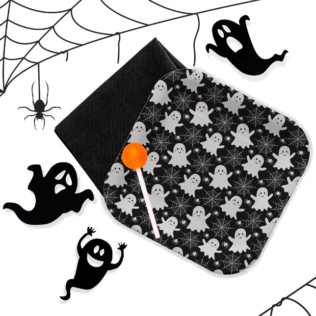 Assiettes En Carton Fantômes mignons | Araignées | Spider Webs Hallowe (Cute Ghosts, Spiders and Spider Webs Halloween Black and White Patterned Paper Plates)