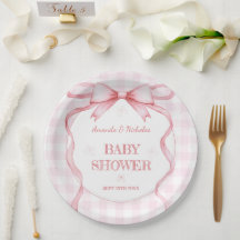 Fard Rose Aquarelle Nœud Gingham Baby Shower Fille