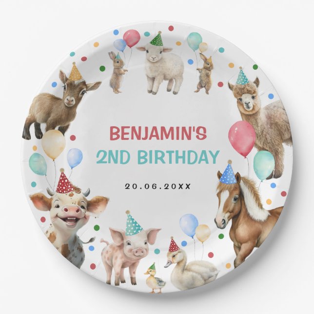 Assiettes En Carton Farm Barnyard Animaux Confetti Anniversaire Garçon (Devant)