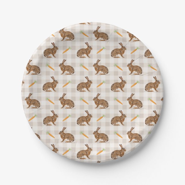 Assiettes En Carton Farmhouse Hares And Carrots Rustic Beige Gingham (Devant)