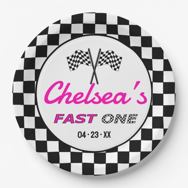 Assiettes En Carton Fast ONE | Pink Custom Black White Race Car Flags (Devant)