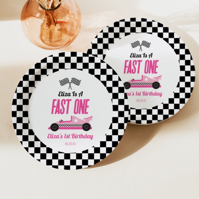 Assiettes En Carton Fast One Pink Race Car Premier Anniversaire (Créateur téléchargé)