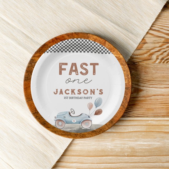 Assiettes En Carton Fast One Racing Car Blue Boy 1er anniversaire (fast one race car retro 1st birthday custom paper plates)