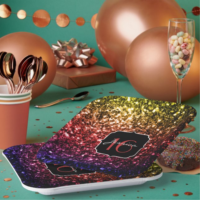 Assiettes En Carton Faux de parties scintillant arc-en-ciel mousseux S (Multi)