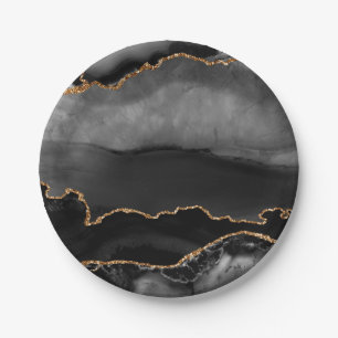 Assiettes En Carton Faux Gris Marbré Agate Parties scintillant dorée
