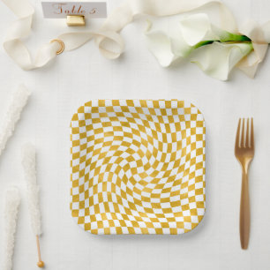 Assiettes En Carton Faux Retro Chèques à huile d'or Warped Checkerboar