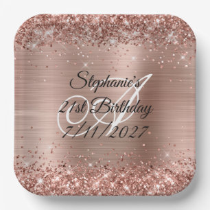 Assiettes En Carton Faux rose gold pailleté et anniversaire 21 ans