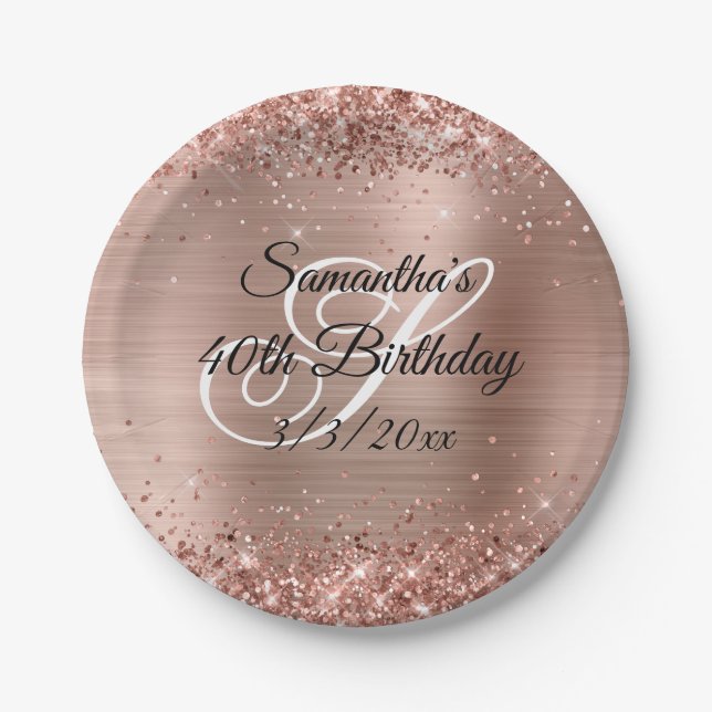 Assiettes En Carton Faux Rose Gold Parties scintillant et Foil 40e ann (Devant)