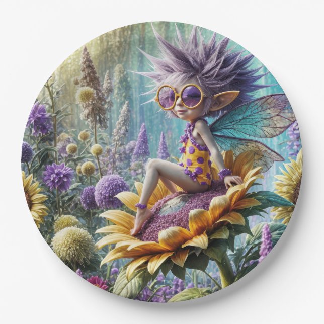 Assiettes En Carton Fée Pixie sur un Tournesol (Devant)