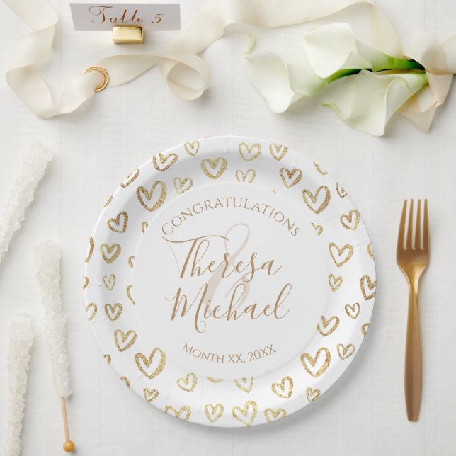 Assiettes En Carton Félicitations aux Coeurs d'or (Mariage)