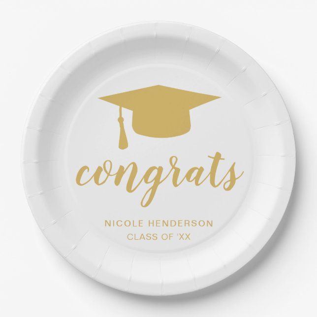Assiettes En Carton Félicitations Élégant Gold et White Graduation Cap (Devant)