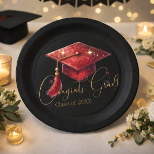 Assiettes En Carton Félicitations Élégantes pour le Diplômé en Rouge,