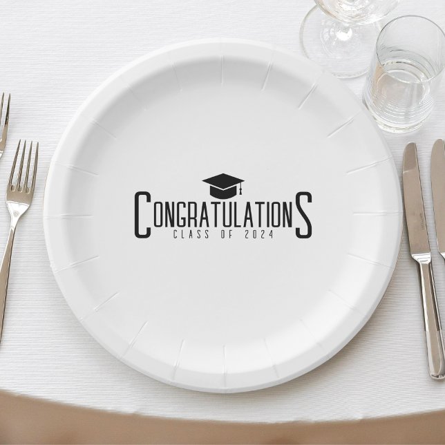 Assiettes En Carton Félicitations en Blanc et Noir pour la Promotion d (White & Black Congratulations Class Of Graduation Paper Plates)