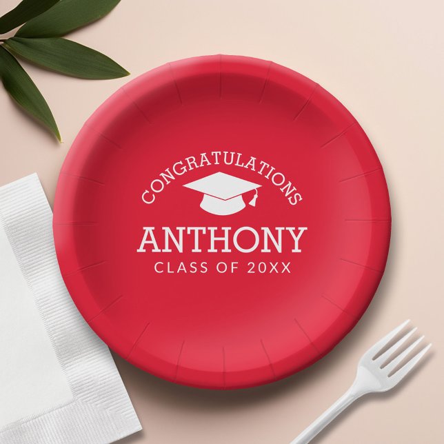 Assiettes En Carton Félicitations Graduate Graduate Cap rouge blanc (Custom Paper Plate)