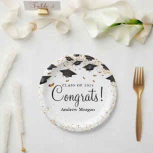 Assiettes En Carton Félicitations Grand Gold Confetti Graduation Caps