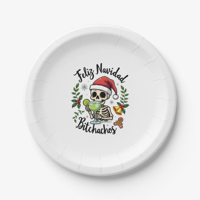 Assiettes En Carton Feliz Navidad Bitchachos Funny Skull Spanish Merry (Devant)