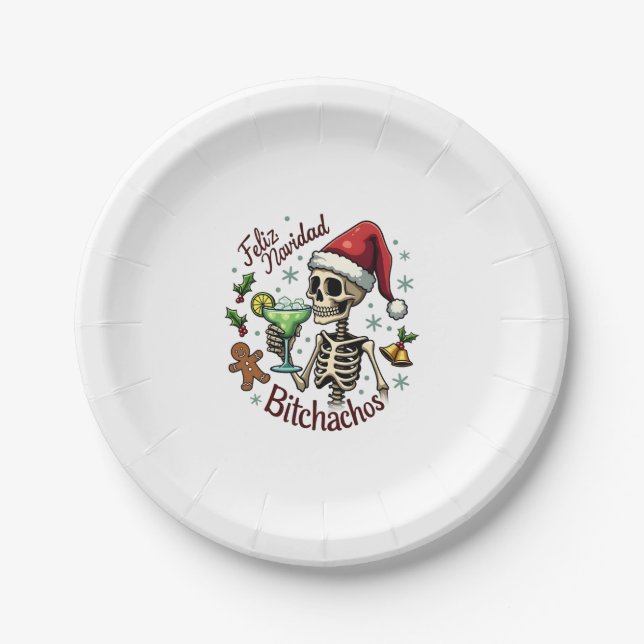 Assiettes En Carton Feliz Navidad Bitchachos Funny Skull Spanish Merry (Devant)