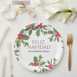 Assiettes En Carton Feliz Navidad Red Holly Berries