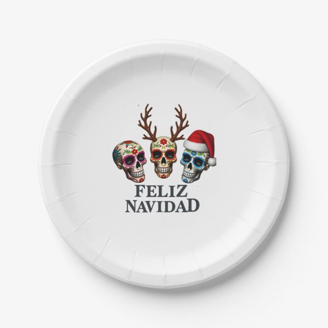 Assiettes En Carton Feliz Navidad Sugar Skulls Reindeer Santa Mexican  (Devant)