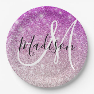Assiettes En Carton Féminin & Glamour Monogramme Nom Paillettes Violet