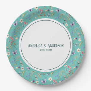 Assiettes En Carton Feminine fleur sauvage motif Turquoise Texte perso