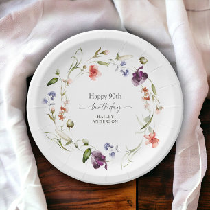 Assiettes En Carton Feminine Floral Wreath Joyeux 90e anniversaire