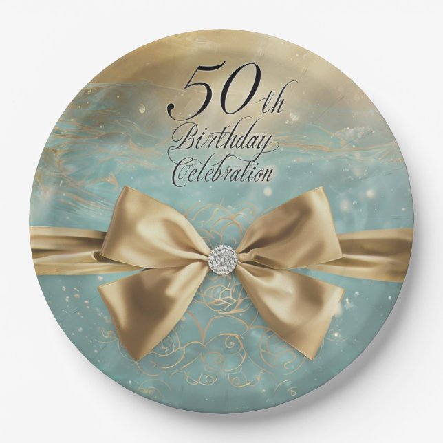 Assiettes En Carton Femme 50e anniversaire Gold Diamond Bow & Swirl (Devant)