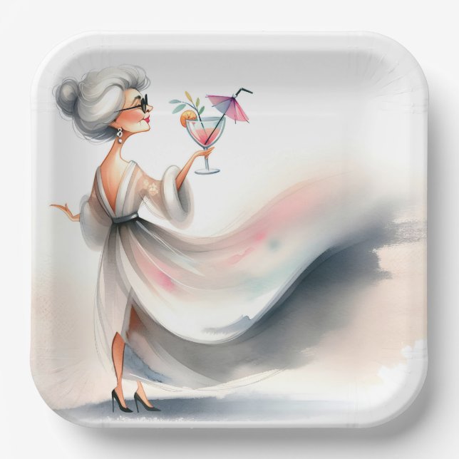 Assiettes En Carton Femme Âgée Classique Avec Boisson De Fête (Recto)