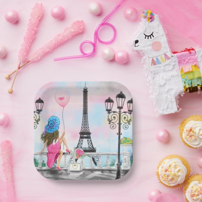Assiettes En Carton Femme avec ballon à Paris Plaques en papier romant (Fête)