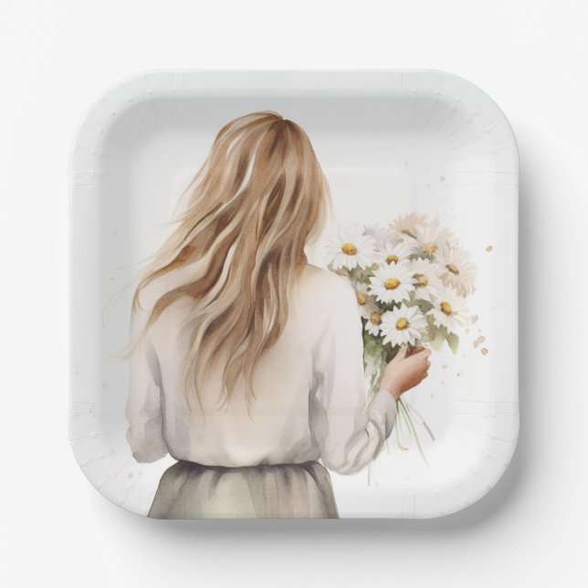 Assiettes En Carton Femme Avec Daisy Bouquet (Recto)